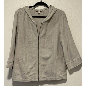 Coldwater Creek Hooded Linen Zip Jacket Size Medium (10-12) Oatmeal 3/4 Sleeve